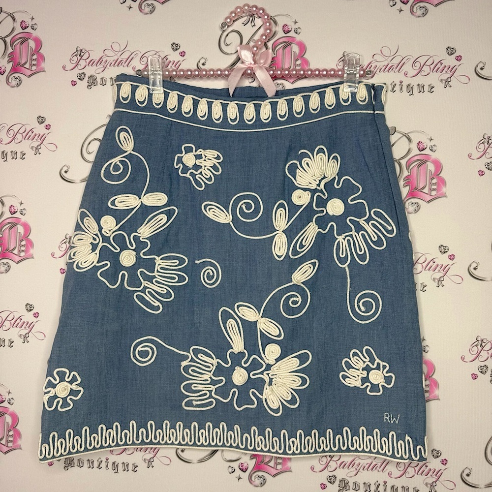 River woods skirt corset lace up tie ribbon embroidered floral flowers denim